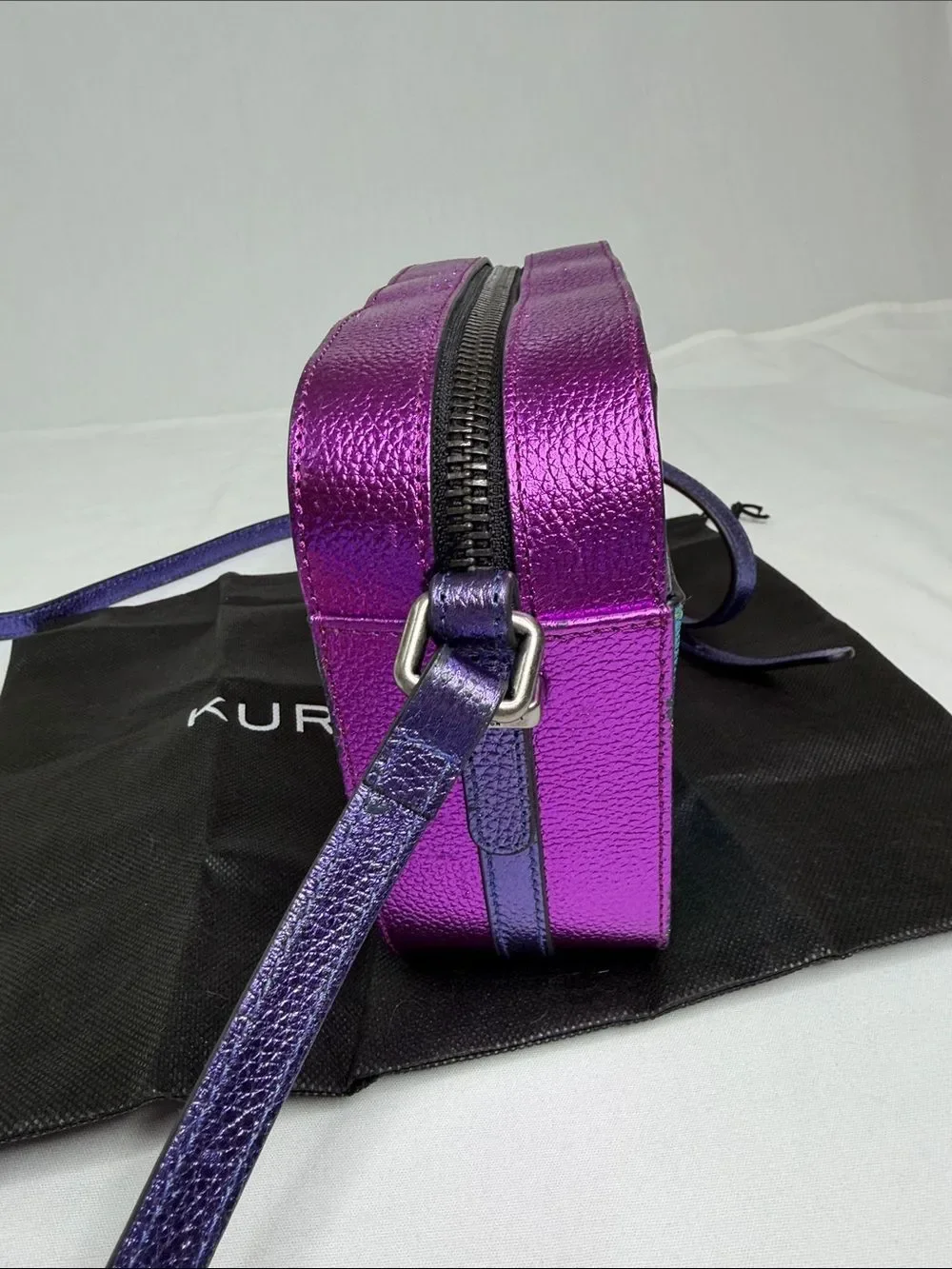 Kurt Geiger Rainbow Diagonal Stripe Leather Crossbody with Purple Strap
